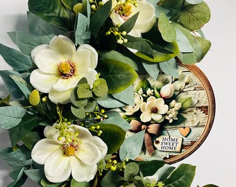 Magnolia Grapevine Wreath with Home Sweet Home Sign | Everyday Front Door Wreath | Farmhouse Magnolia Decor | Housewarming Gift