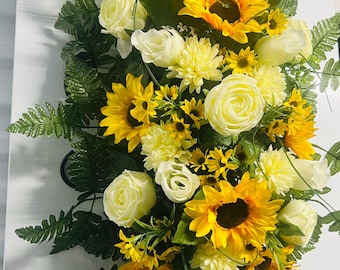 Sunflower Cemetery Saddle, Headstone Saddle Arrangement, Memorial Grave Decor, Funeral Casket Spray, Sympathy Flowers, Graveside Tribute