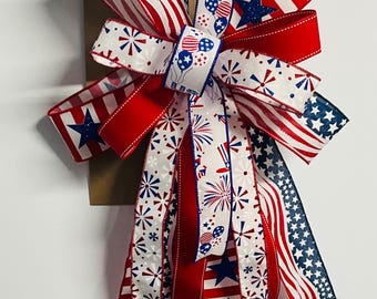 Patriotic Handmade Bow for Wreaths & Front Door Decor | Red White Blue Firework Ribbon Bow | Americana July 4th Home Decor Accent
