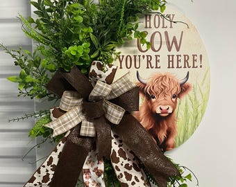 Highland Cow Door Hanger | Holy Cow You’re Here Sign | Farmhouse Front Door Decor | Rustic Cow Welcome Sign | Everyday Door Decor