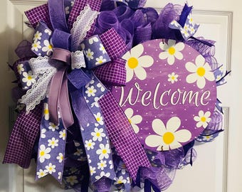 Purple Daisy Welcome Wreath, Spring Front Door Decor, Lavender Deco Mesh Wreath, Floral Welcome Door Hanger, Farmhouse Porch Decoration