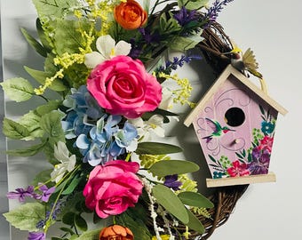 Spring Birdhouse Grapevine Wreath, Floral Door Wreath | Pink Rose Hydrangea Wreath | Hummingbird Birdhouse Decor | Front Door Spring Decor