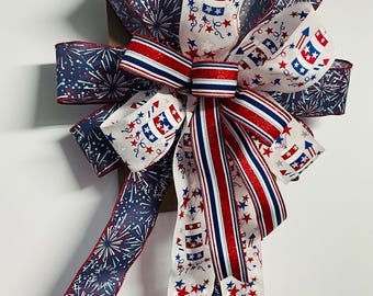 Patriotic Fireworks Bow | Fourth of July Wreath Bow | Americana Door Decor | Memorial Day Ribbon Bow | Handmade Decor