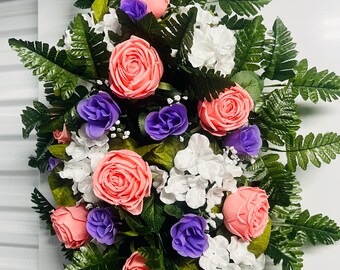 Pink Rose & Purple Rose Cemetery Saddle, Memorial Arrangement, Headstone Sympathy Flowers, Cemetery Decoration, Funeral Memorial Tribute