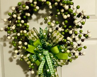 St. Patrick's Day Berry Wreath, Shamrock Bow Front Door Decor, Spring Seasonal Grapevine Wreath