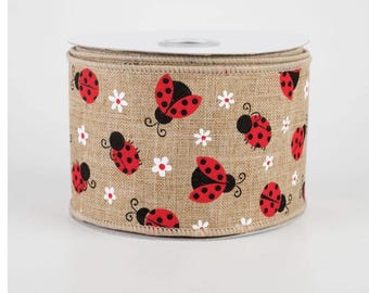 2.5” Mini Ladybugs Wired Ribbon, Light Beige Ribbon, 10 Yard Roll, Ladybug Ribbon, Spring Ribbon, Summer Wreath Ribbon, Bow Making Supply