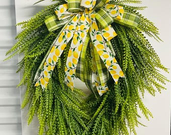 Summer Lemon Greenery Wreath | Lemon Ribbon Front Door Wreath | Everyday Wreath | Farmhouse Door Decor | Spring Summer Porch Decor
