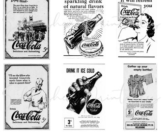 Vintage Black and White Coca Cola Advertisements Digital Download, Vintage, DIY Clipart JPG Junk Journal Cards Scrapbooking Card Tag Making