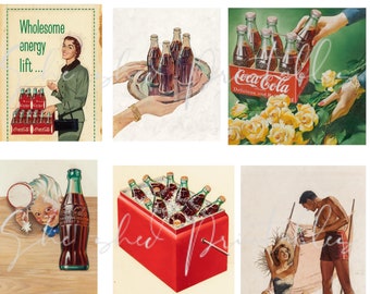 Peut inclure: Publicités vintage pour Coca-Cola. Les images présentent des bouteilles de Coca-Cola, des personnes appréciant la boisson et le logo Coca-Cola. Les publicités ont une esthétique rétro, avec des illustrations et du texte promotionnel.