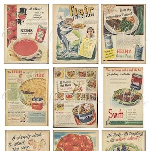 Anúncios de rótulos de alimentos vintage em cores, download digital, artesanato vintage DIY Clipart JPG Junk Journal Cards Scrapbooking Card Tag Making