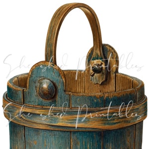 Könnte beinhalten: Ein antiker Holzeimer mit blauer und brauner Lackierung. Der Eimer hat einen Holzgriff und einen Metallakzent an der Seite.