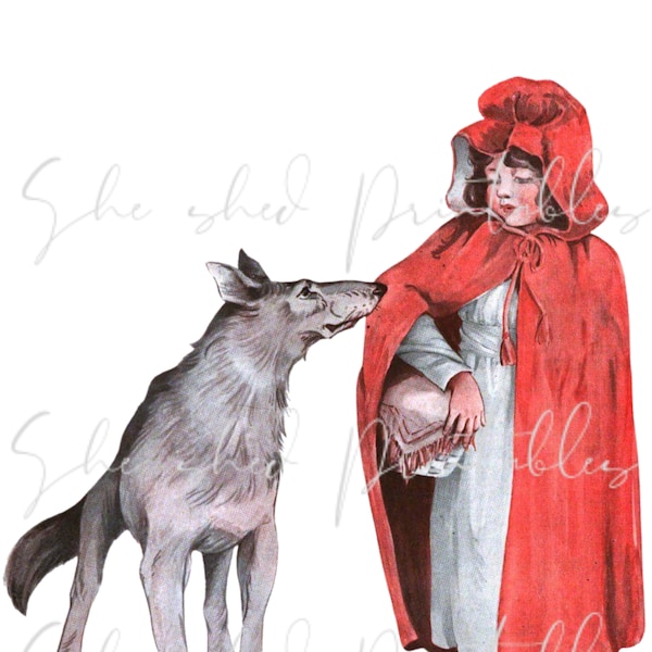 Little Red Riding Hood Digital Download, Vintage, DIY Crafts, Flower Design, Girl, Wolf, JPG, PNG, Instant Download, Children's Story