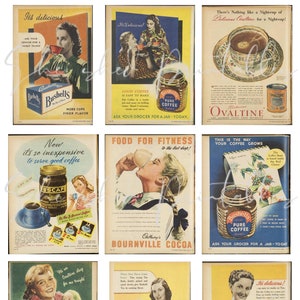 Anúncios de bebidas vintage, café, chá, cacau, ovaltine, download digital, vintage, clipart de bebidas, JPG, cartões de registro em diário de lixo, álbum de recortes