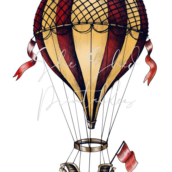 Vintage Hot Air Balloon Illustration Digital Download, DIY Crafts, Clipart, JPG, PNG, Instant Download, Digital Image, Aviation, Travel