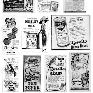 Anúncios de comida vintage em preto e branco Download digital, vintage, faça você mesmo, clipart JPG Junk Journal Cards Scrapbooking Card Tag Making