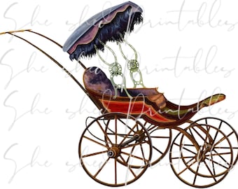 Vintage Baby Carriage Illustration Digital Download, DIY Crafts, Clipart, JPG, PNG, Instant Download, Digital Image, Baby Stroller,