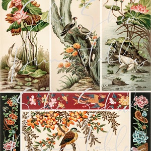 May include: A vintage illustration featuring a collection of floral and bird motifs. The image is divided into four sections, each showcasing a different scene. The top left section depicts a lotus flower with green leaves and a white bird. The top right section features a tree with green leaves and a bird perched on a branch. The bottom left section shows a branch with orange flowers and a bird. The bottom right section displays a floral pattern with blue and green flowers.