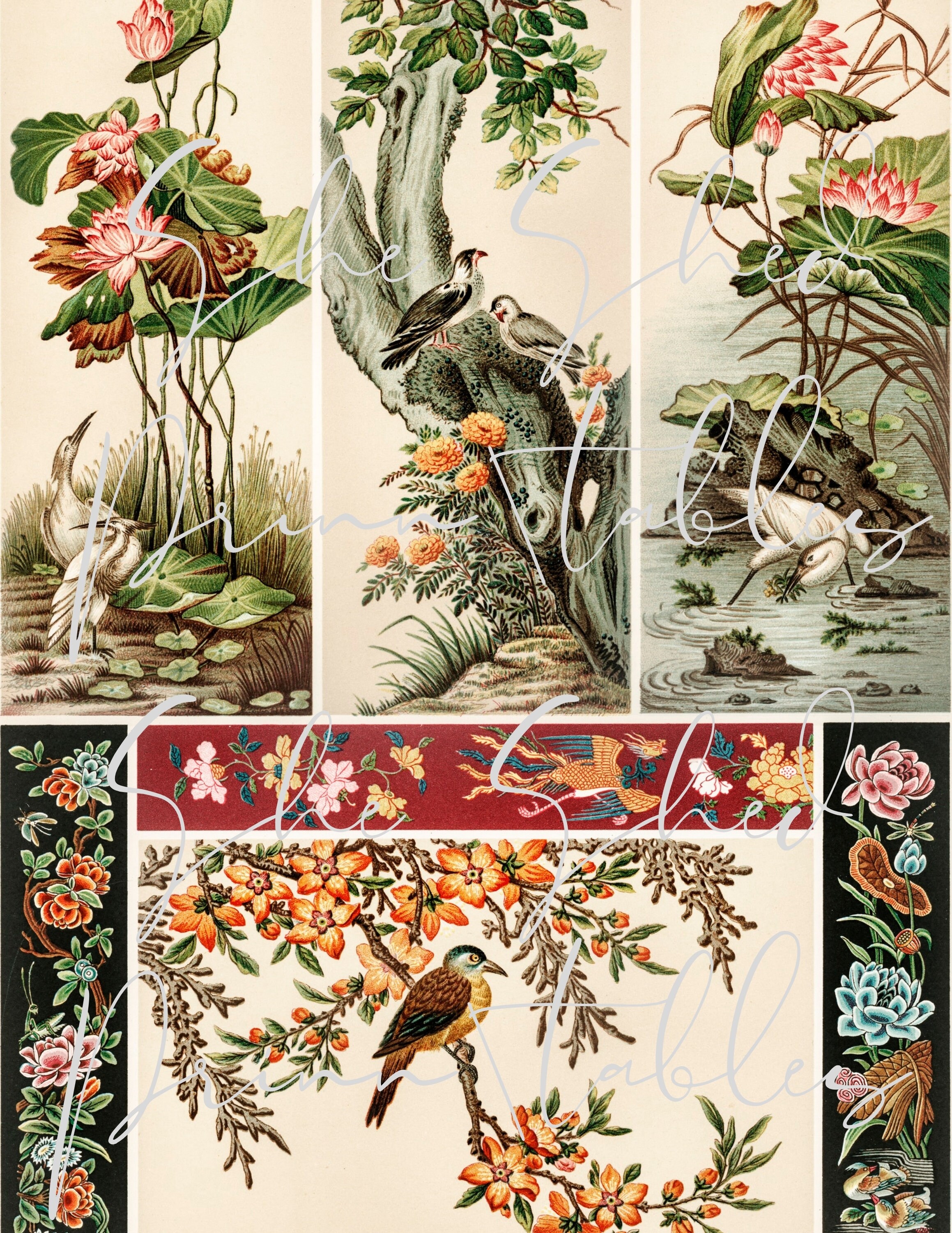 Bird Floral Print Wallpaper Digital Paper, Vintage, DIY Crafts, JPG ...