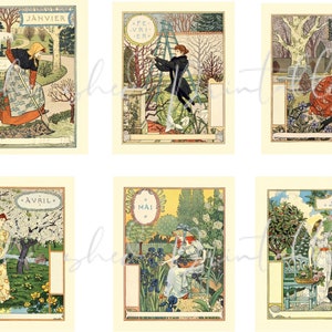 Vintage Woman Art Nouveau Download digital, francês, meses do calendário, clipart, JPG, cartões de registro em diário de lixo, álbum de recortes, confecção de etiquetas de cartão