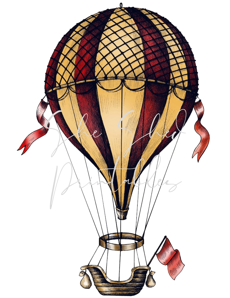 Puede incluir: Un globo aerost&aacute;tico de estilo vintage con rayas rojas y amarillas y una red negra. El globo tiene una cesta de mimbre con una bandera roja.