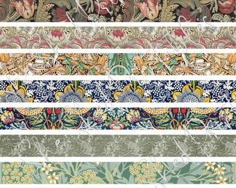 Può includere: Una collezione di sette strisce di tessuto con motivi floreali vintage. I motivi presentano una varietà di colori, tra cui rosso, blu, verde, giallo e bianco. Le strisce di tessuto sono disposte in una pila verticale.