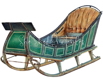May include: A vintage green and gold sleigh with a brown leather seat. The sleigh has a wooden frame and metal runners. The sleigh is decorated with gold trim and a black metal handle.