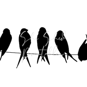 May include: Silhouette of five black birds perched on a wire, facing different directions. The birds are all the same size and shape, with long tails and pointed beaks.