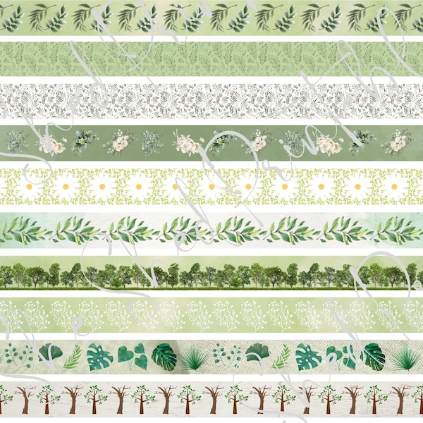 Green Botanical Digital Washi Tape, Digital Download, Embellishment,  Scrapbooking, Junk Journal, Belly Band, Trees, Leaves, Daisy, Greenery