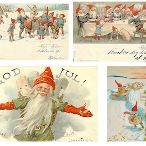 Vintage svedese Natale Gnome Cartoline, Immagini digitali, Download istantaneo, Vintage, JPG Junk Journal Cards Scrapbooking Card Tag Making