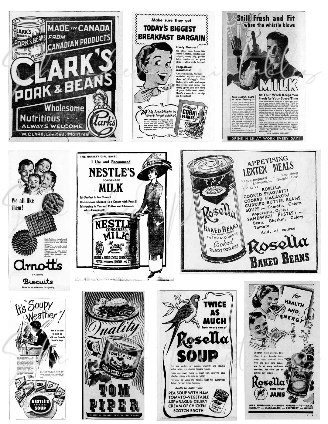 Vintage Black and White Food Advertisements Digital Download