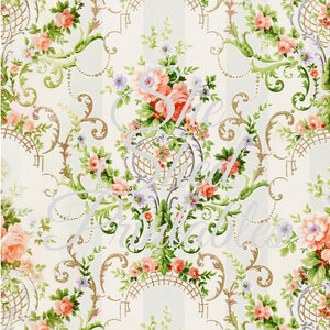 Könnte beinhalten: Ein Vintage-Blumenmuster-Tapetenmuster mit weißem Hintergrund, goldenen Akzenten und rosa und violetten Blumen. Das Muster zeigt ein sich wiederholendes Design aus stilisierten Blättern und Ranken.