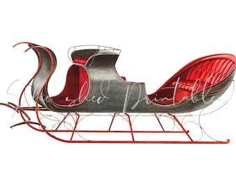 May include: A vintage-style sleigh with a red velvet seat and black wooden frame. The sleigh has a curved design and intricate details.