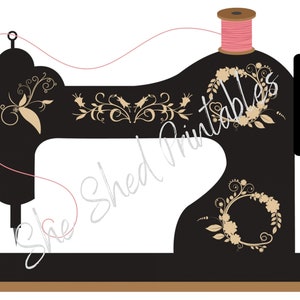 May include: Black sewing machine with gold floral designs and a spool of pink thread. The machine has a needle and a foot pedal.