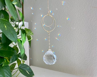 Cheshire Moon Crystal Suncatcher, Gold Rainbow Maker, Prism Crystal, Gift for Mom