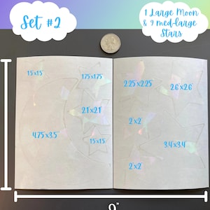 Large Moon and Stars Suncatcher Sticker Set, Car Suncatcher Stickers, Rainbow Maker window decal, Dopamine decor, Stocking Stuffer Set #2 (Moon+9Stars)