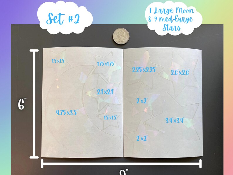 Large Moon and Stars Suncatcher Sticker Set, Car Suncatcher Stickers, Rainbow Maker window decal, Dopamine decor, Stocking Stuffer Set #2 (Moon+9Stars)