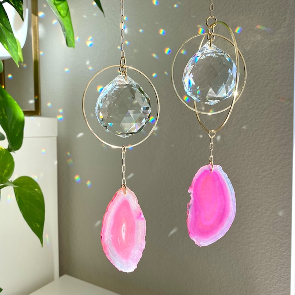Pink Agate Crystal Suncatcher (large), Rainbow Maker, Crystal Home decor, Girl’s room Decor, Baby Girl Nursery Decor