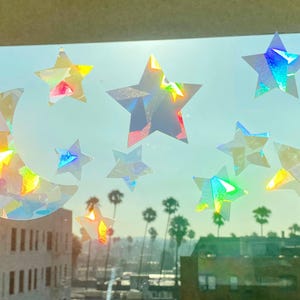 Large Moon and Stars Suncatcher Sticker Set, Car Suncatcher Stickers, Rainbow Maker window decal, Dopamine decor