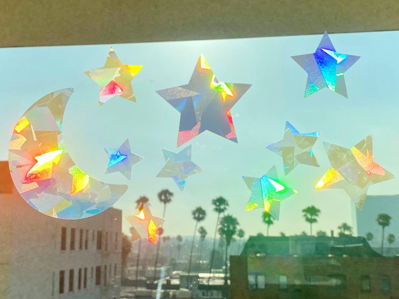 Large Moon and Stars Suncatcher Sticker Set, Car Suncatcher Stickers, Rainbow Maker window decal, Dopamine decor, Stocking Stuffer bild 1