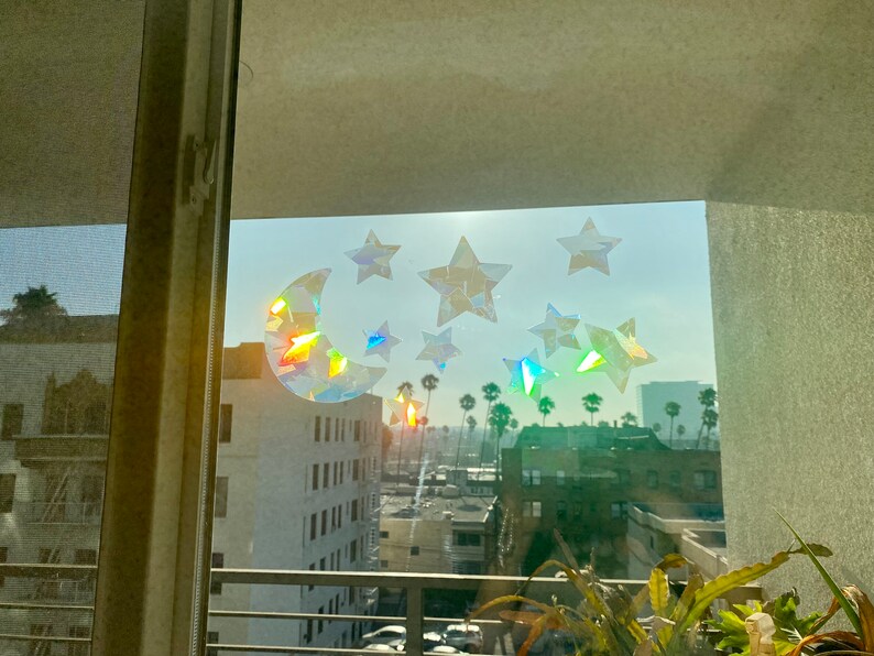 Large Moon and Stars Suncatcher Sticker Set, Car Suncatcher Stickers, Rainbow Maker window decal, Dopamine decor, Stocking Stuffer bild 4