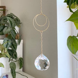 Cheshire Moon Crystal Suncatcher (gold), Rainbow Maker, Crystal Prism Ball, Prism Suncatcher, Gift for Mom, Wall Art, Wall Hanging