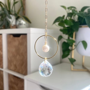 Car Crystal Suncatcher: Gold, Pearl Rearview Mirror Charm