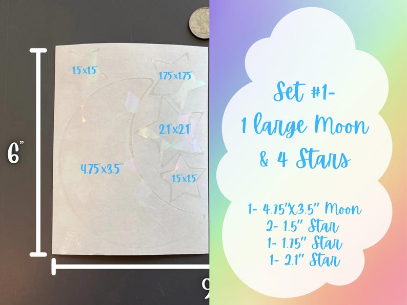 Large Moon and Stars Suncatcher Sticker Set, Car Suncatcher Stickers, Rainbow Maker window decal, Dopamine decor, Stocking Stuffer Set #1 (Moon+4Stars)