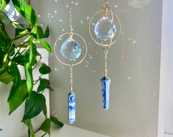 Blue Grey Lapis Lazuli Crystal Suncatcher, crystal point rainbow maker, crystal home decor