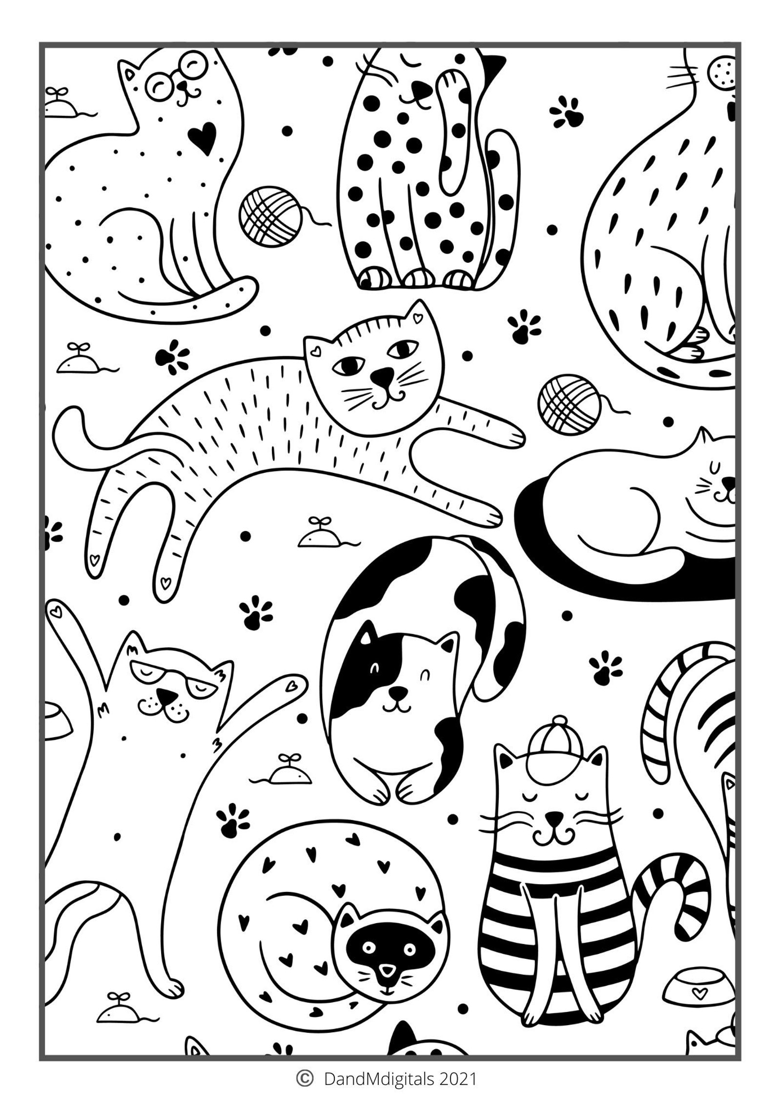 Doodle Cats Simple Coloring Pages Easy Colouring Pages | Etsy