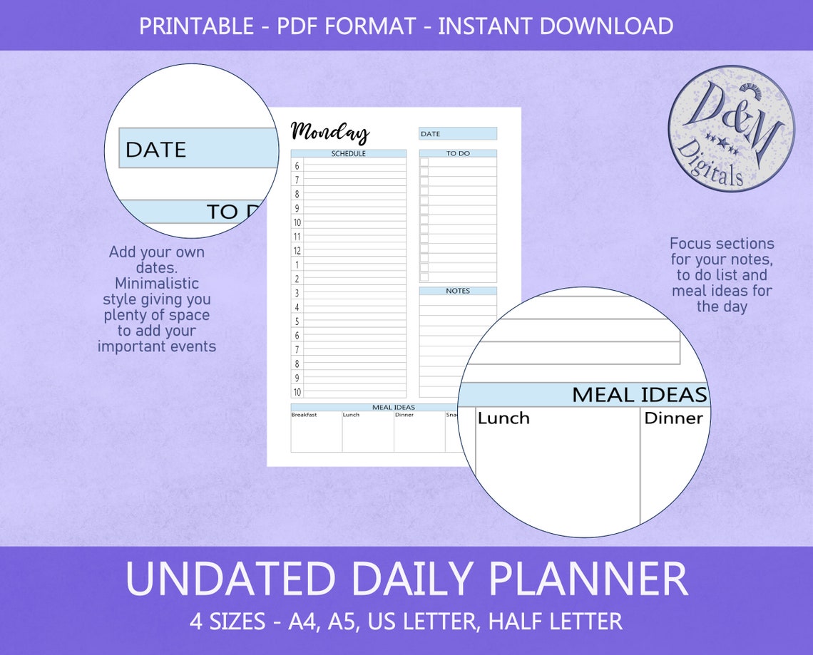 Undated daily planner one page per day printable planner etsy