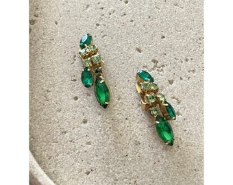 Vintage Green Rhinestone Clip On Earrings Gold Tone Marquise Navette Dangle