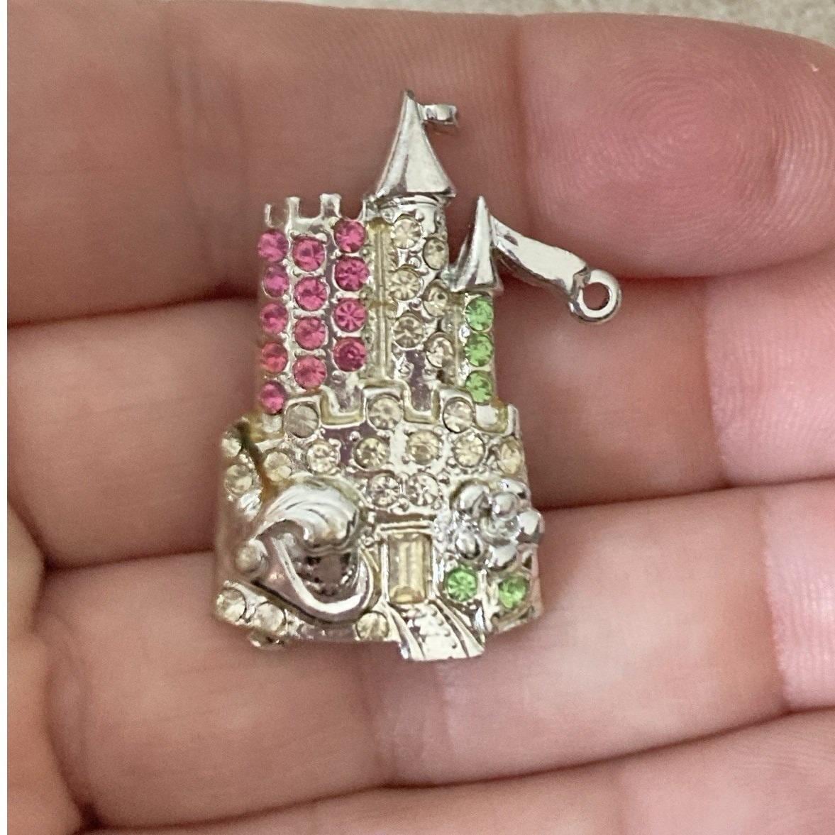 Vintage LINDEBURG Castle Brooch Silver Tone Rhinestones Princess Whimsical 1970