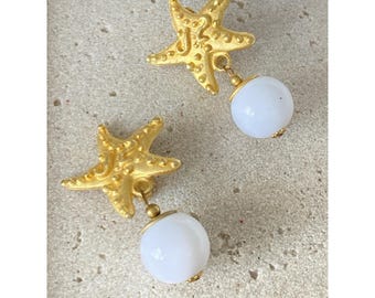 Gold Tone Starfish Clip On Earrings White Bead Dangle Beachy Coastal Chunky Bold
