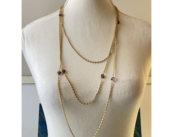 Vintage Gold Tone Multi Strand Station Necklace Purple Glass Cabochon Sautoir